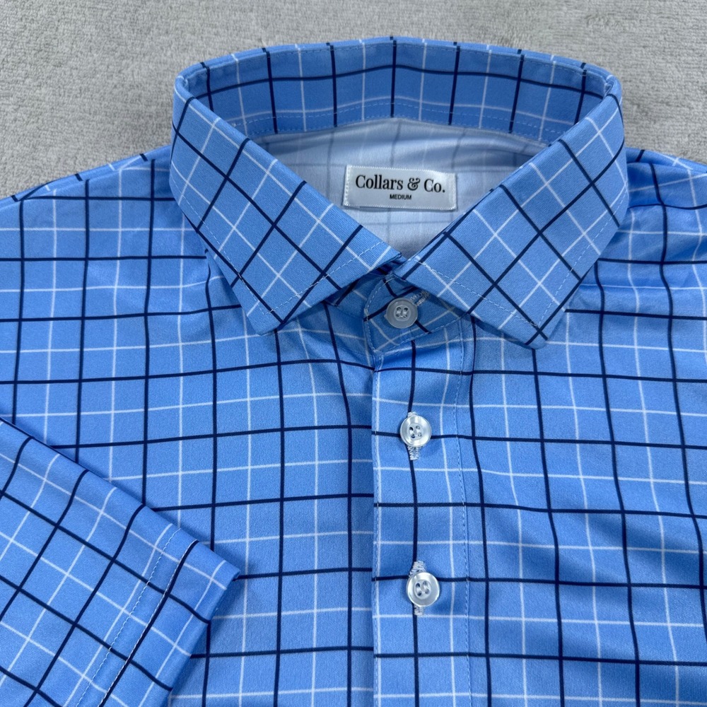 Collars & Co. Polo Shirt Mens Medium Blue Grid Performance Short Sleeve Casual